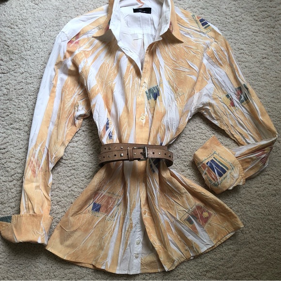 Italian tie-dye crinkle shirt - maize & white w/blue, green, terra cotta print - Picture 3 of 16